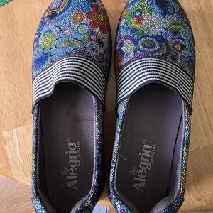 Alegria Floral Mosaic Slip-On Flats in Blue, Green, Red